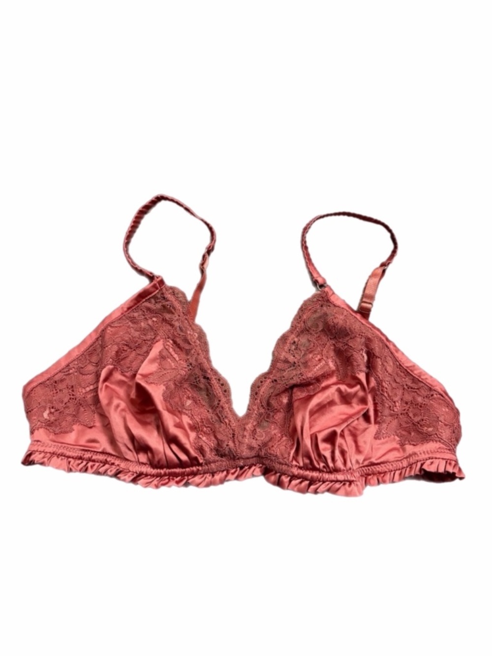 90s/Y2K European Vintage Silky Floral Lace Ruffle Bralette (Rusty Pink/Mauve) XL